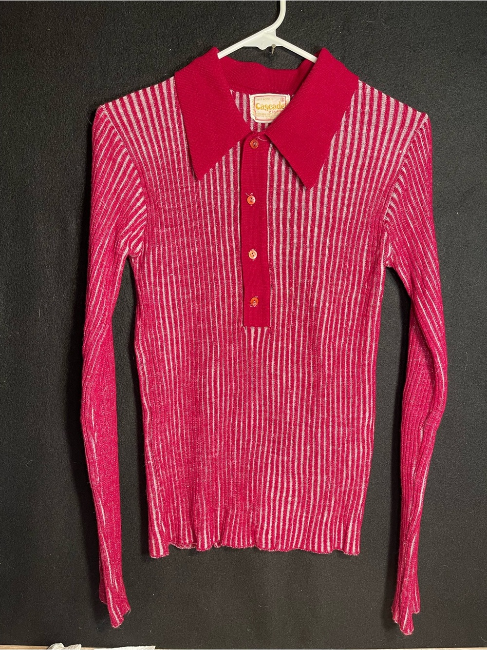 1970s maroon Knit Striped Long-Sleeve Polo Sweater